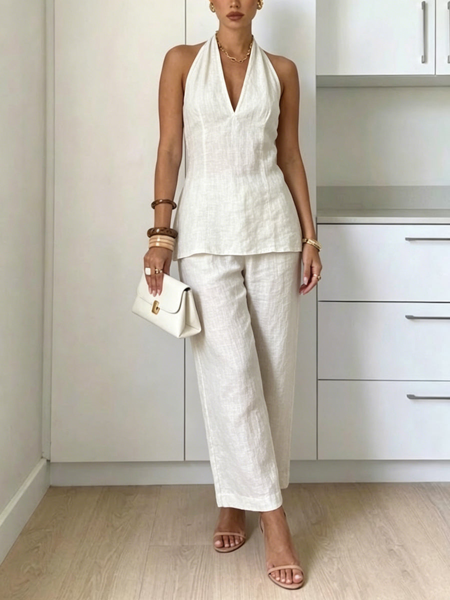Women's Simple Casual Halter Neck Sleeveless Cotton Linen Set