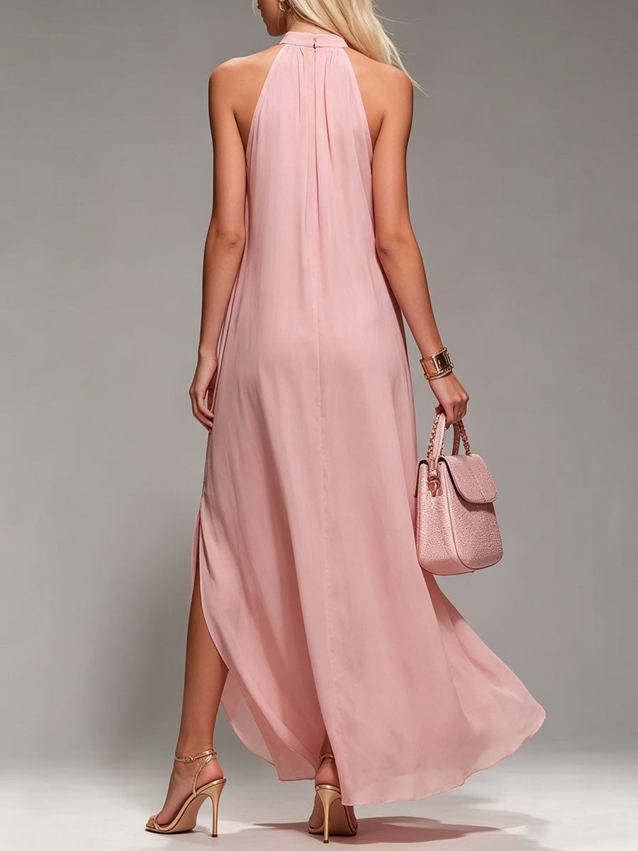 Women's Pink Halter-neck Backless Maxi Dress
