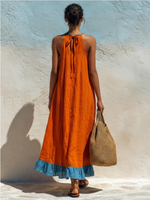Vacation Retro Pleated Halter Dress With Contrast Ruffles