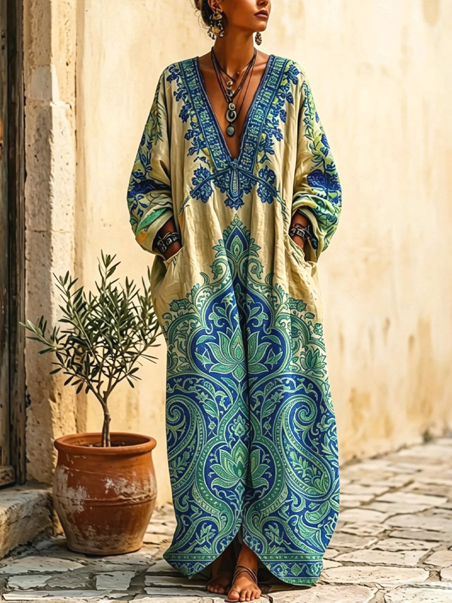 Women's Ethnic Floral Art Print Casual Long Sleeve Cotton Linen Dress