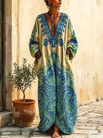 Women's Ethnic Floral Art Print Casual Long Sleeve Cotton Linen Dress