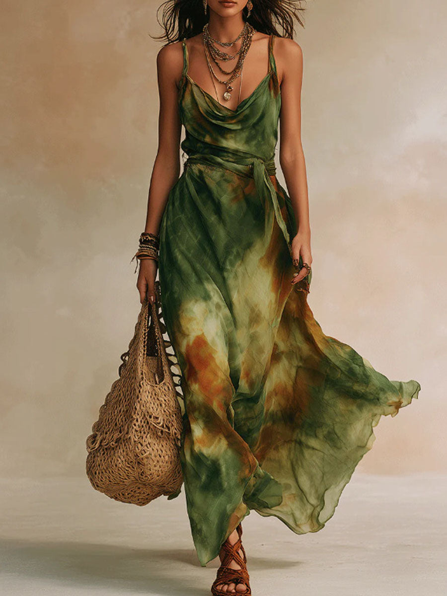 Women's Elegant Ombré Spaghetti-strap Draped Cowl Dress