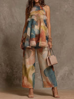 Women's Tie-dye Print Halter Sleeveless Chiffon Two-piece Set