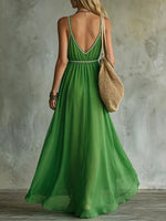 Women's Casual V-Neck Sleeveless A-Line Dress — Solid Color Chiffon Maxi Dress