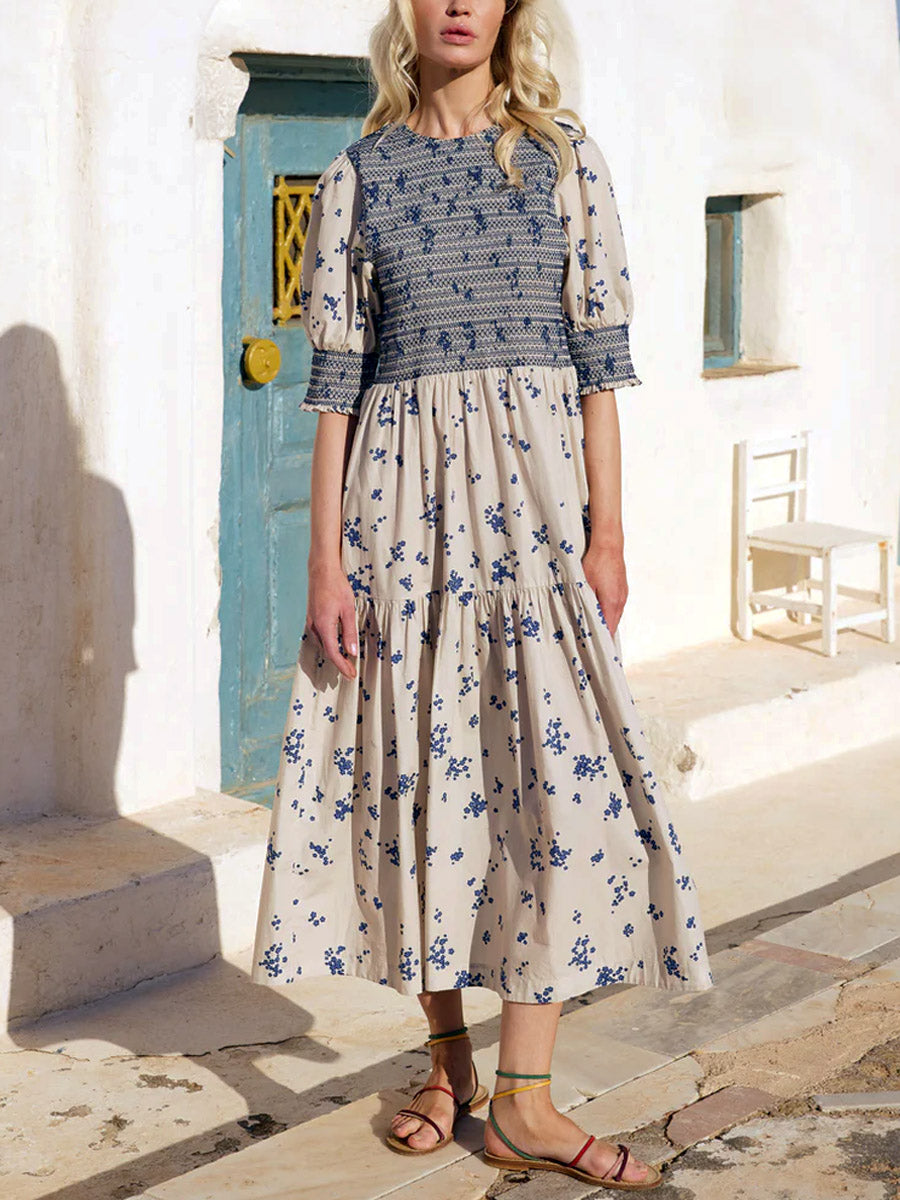 Women's Retro Floral Pattern Art Print Casual Cotton Linen Dress