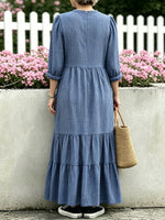 Women's Plaid Pattern Art Casual Long Sleeve Cotton Linen Dress