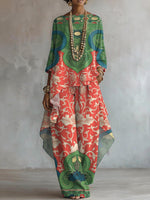 Women's Retro Floral Art Print Casual Stylish 3/4 Sleeve Cotton Linen Suits