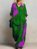 Women's Cotton-linen Set: Abstract Print V-neck 3/4-sleeve Loose-fit Top & High-waisted Wide-leg Pants