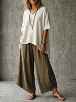 Women's Simple Loose Color-block Simple Cotton-linen Set