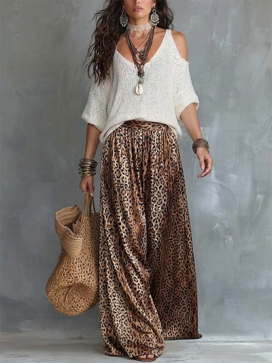 White Cold Shoulder V Neck Knit Top & Vintage Leopard Print Elastic Wide Leg Pants Set