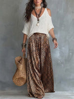 White Cold Shoulder V Neck Knit Top & Vintage Leopard Print Elastic Wide Leg Pants Set
