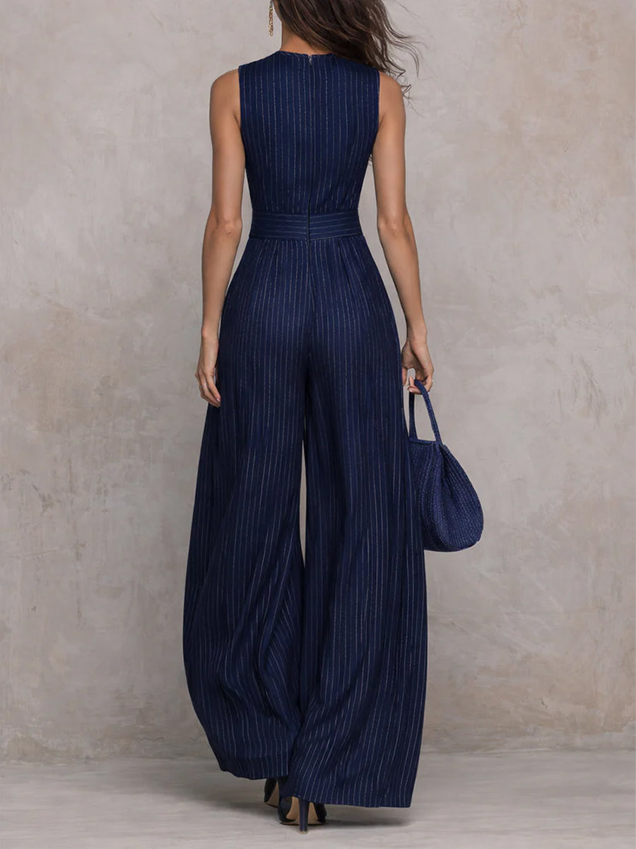 Women's Striped Sleeveless Cinched-waist Jumpsuit