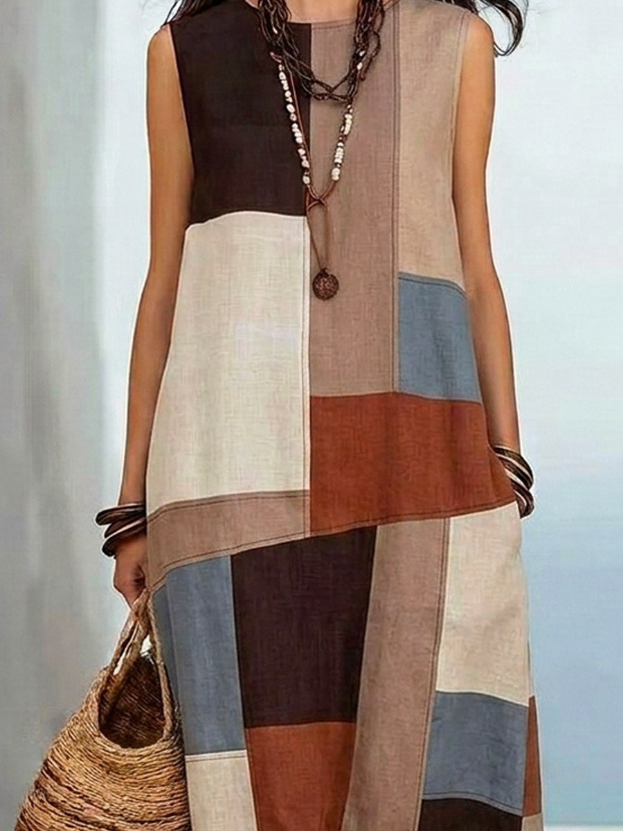 Women's Geometric Pattern Art Casual Sleeveless Cotton Linen Dress