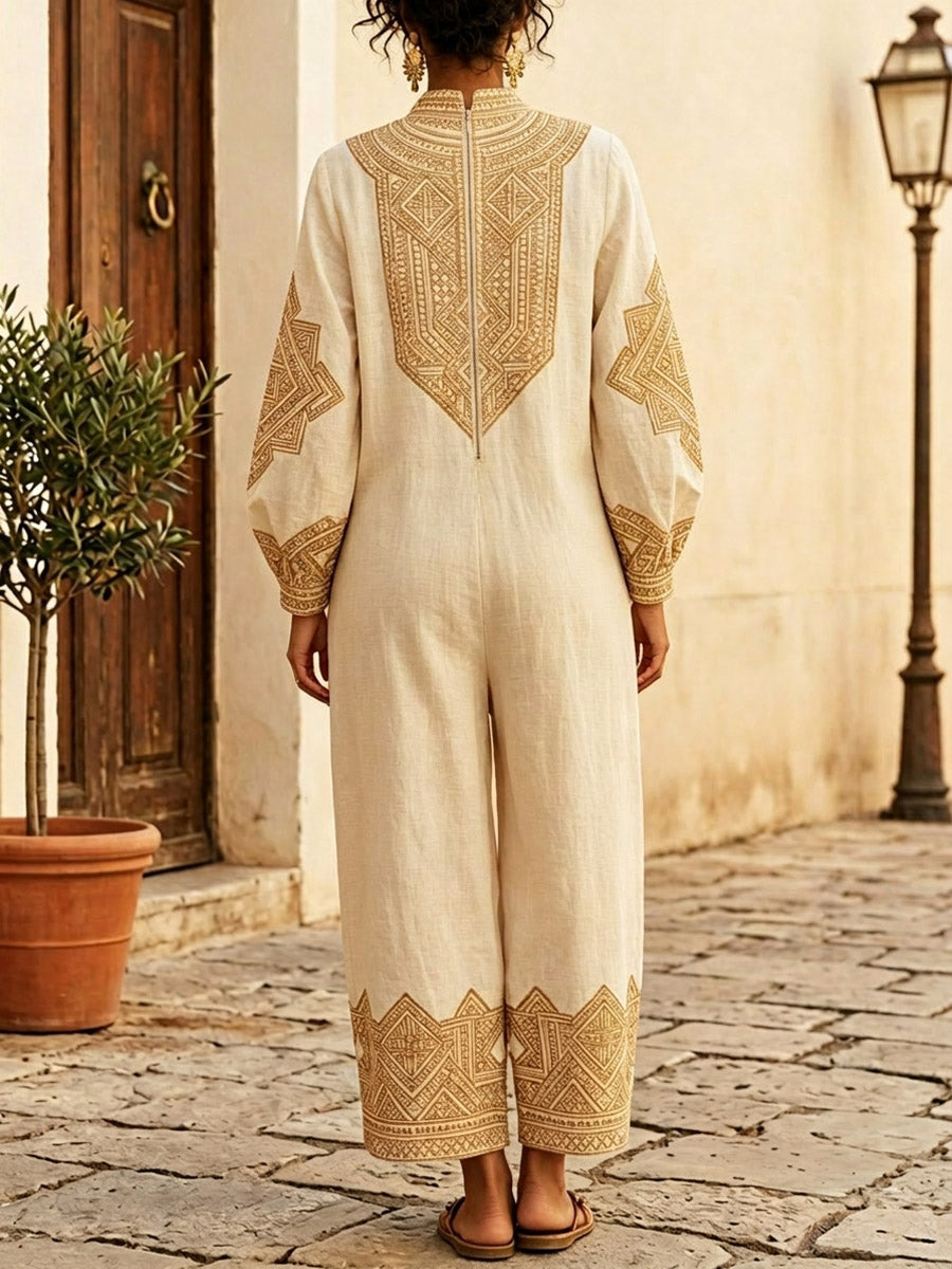 Women's Ethnic Pattern Art Casual Stylish Elegant Long Sleeve Cotton Linen Jumpsuit