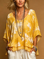 Women's Vintage-print V-neck 3/4-sleeve Casual Loose Chiffon Top