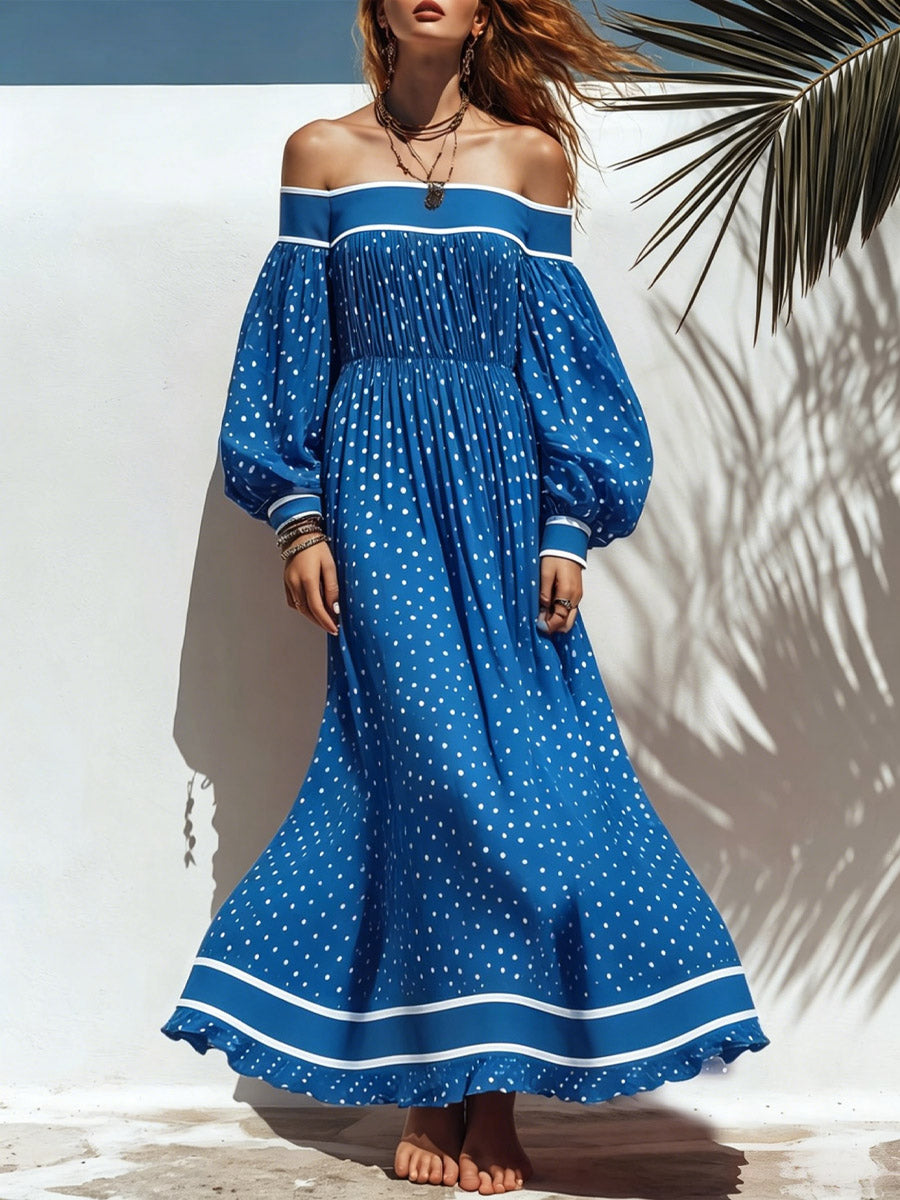 Women's Retro Polka Dot Pattern Art Print Casual Off-shoulder Cotton Dress