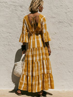 Casual Linen And Cotton V-neck Plaid Dress