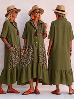 Casual Boho Leopard Print Cotton-linen Dress
