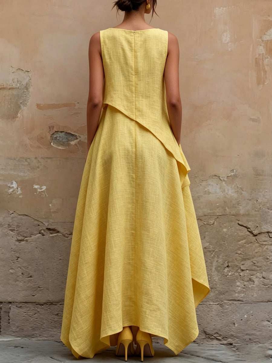 Women's Sleeveless Cotton-linen Dress With Irregular Cut Design