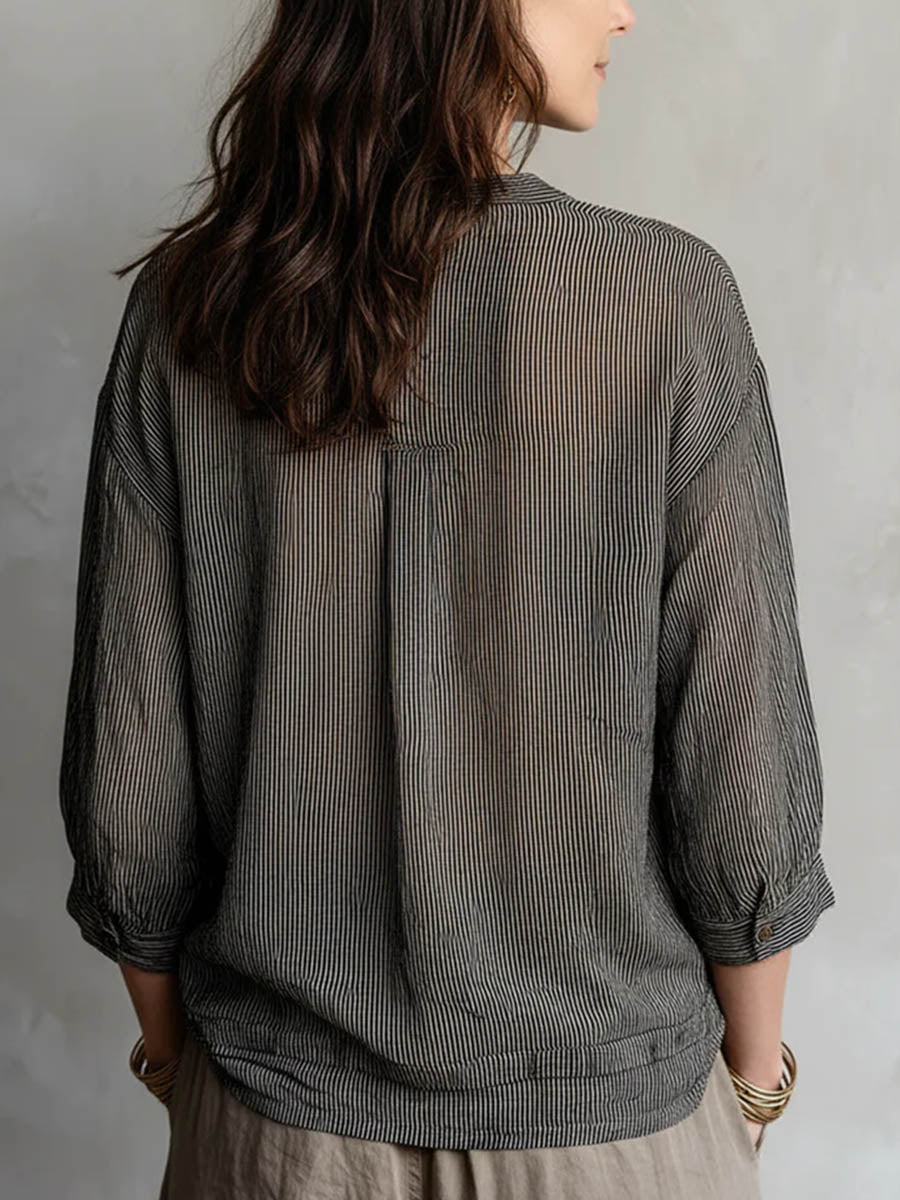 Women's Striped Print V-Neck 3/4-sleeve Casual Loose Cotton-linen Top
