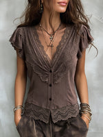 Lace-trimmed Cap-sleeve V-neck Top