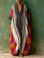 Women's Casual Loose Cotton-linen Dress With Placement Print V-neck And 3/4 Sleeves