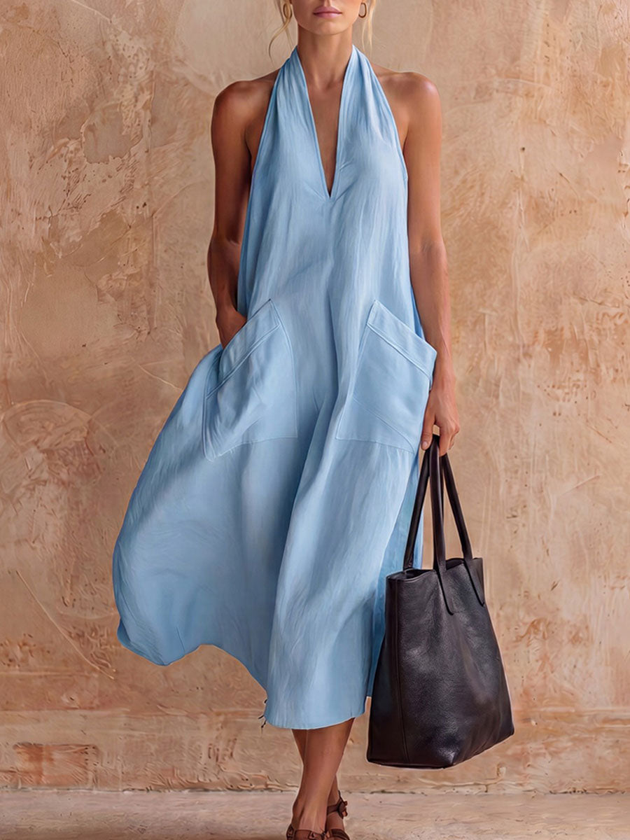 Women's Casual Retro V-neck Linen Slip Dress