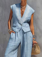 Women's Elegant Art Comfortable Casual Top And Pants Cotton Linen Two-piece Set