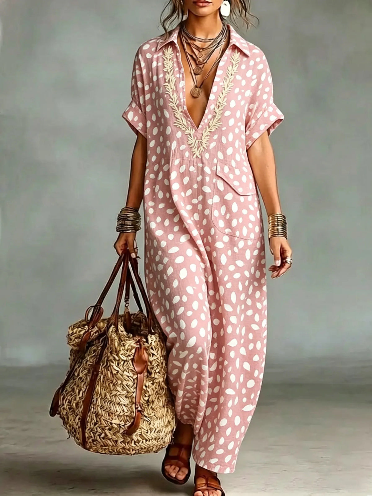 Women's Retro Polka Dot Cotton Jumpsuit With Pockets