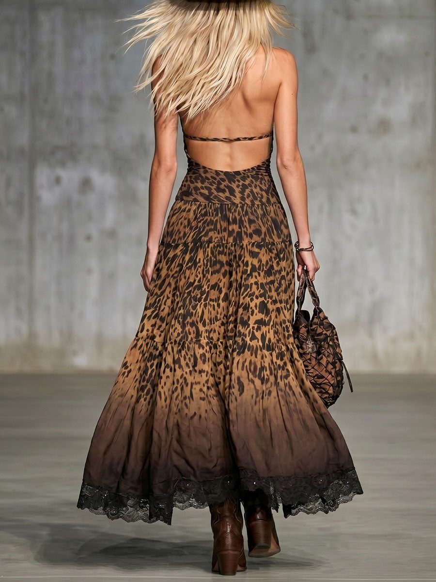 Women's Sexy Wild Leopard Print Sleeveless Deep V-neck Dress