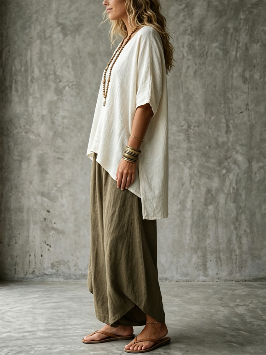 Women's Simple Loose Color-block Simple Cotton-linen Set