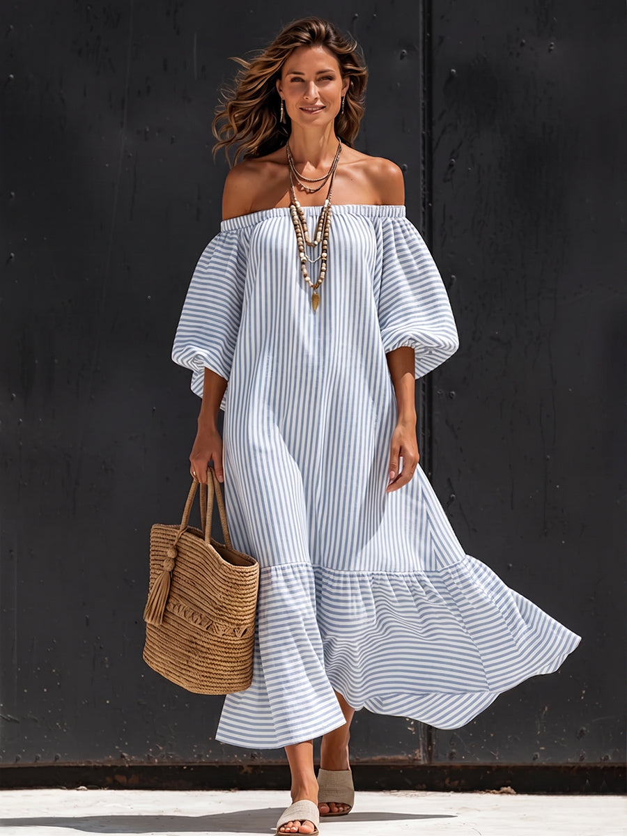 Elegant Striped Off-shoulder Cotton Dress With Lantern Sleeves