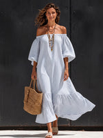 Elegant Striped Off-shoulder Cotton Dress With Lantern Sleeves