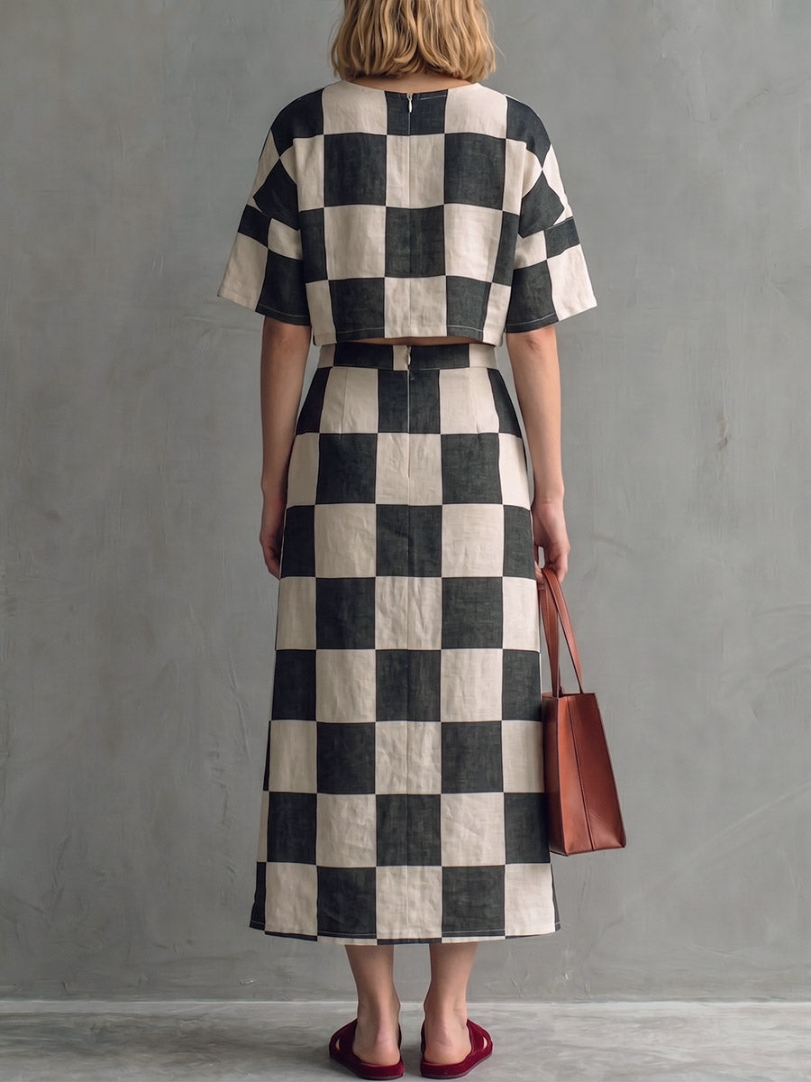 Women's Plaid-print Cotton-linen Two-piece Set: Short-sleeve Crewneck Loose-fit Top & High-waisted A-line Skirt