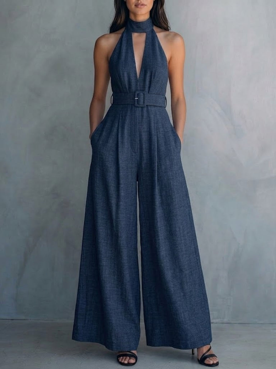 Women's Deep V-neck Cotton And Linen Jumpsuit