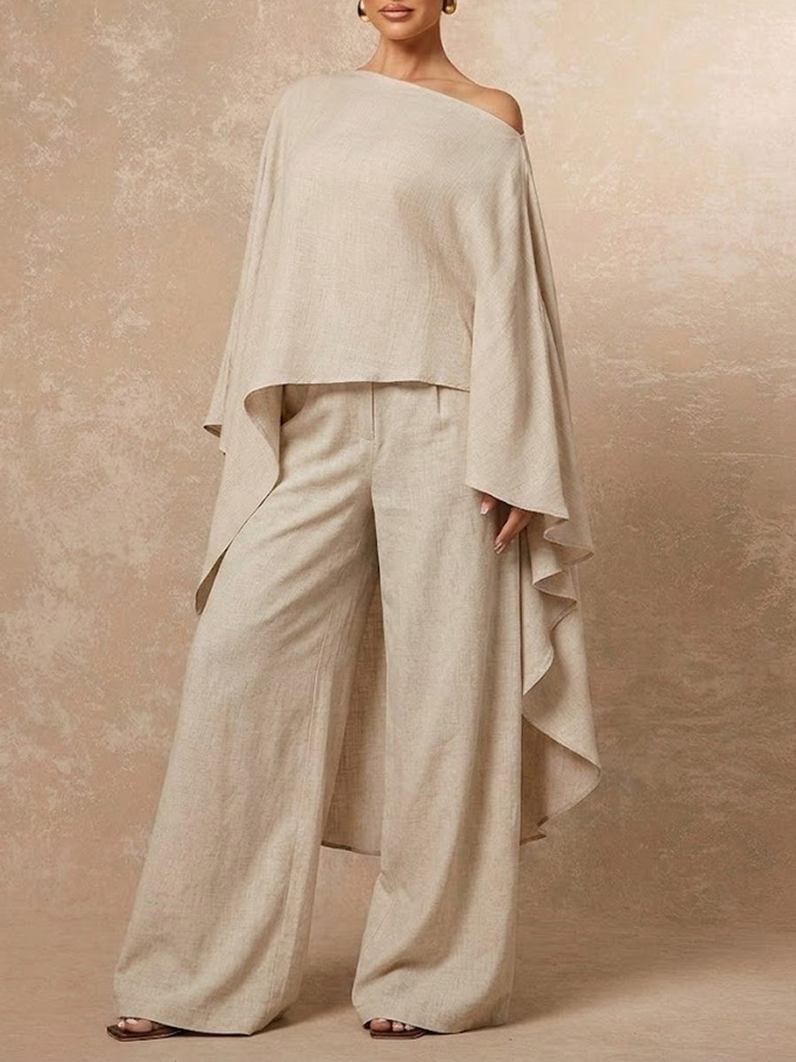 Women's Irregular Design One-shoulder Cotton And Linen Set