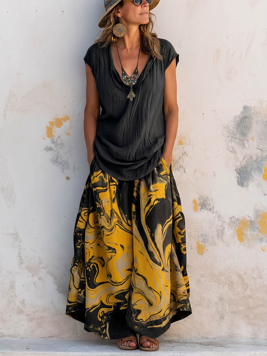 Women's Solid-color Crew Neck Short-sleeve Loose-fit Cotton-linen Top & High-waisted A-line Printed Cotton-linen Skirt Set