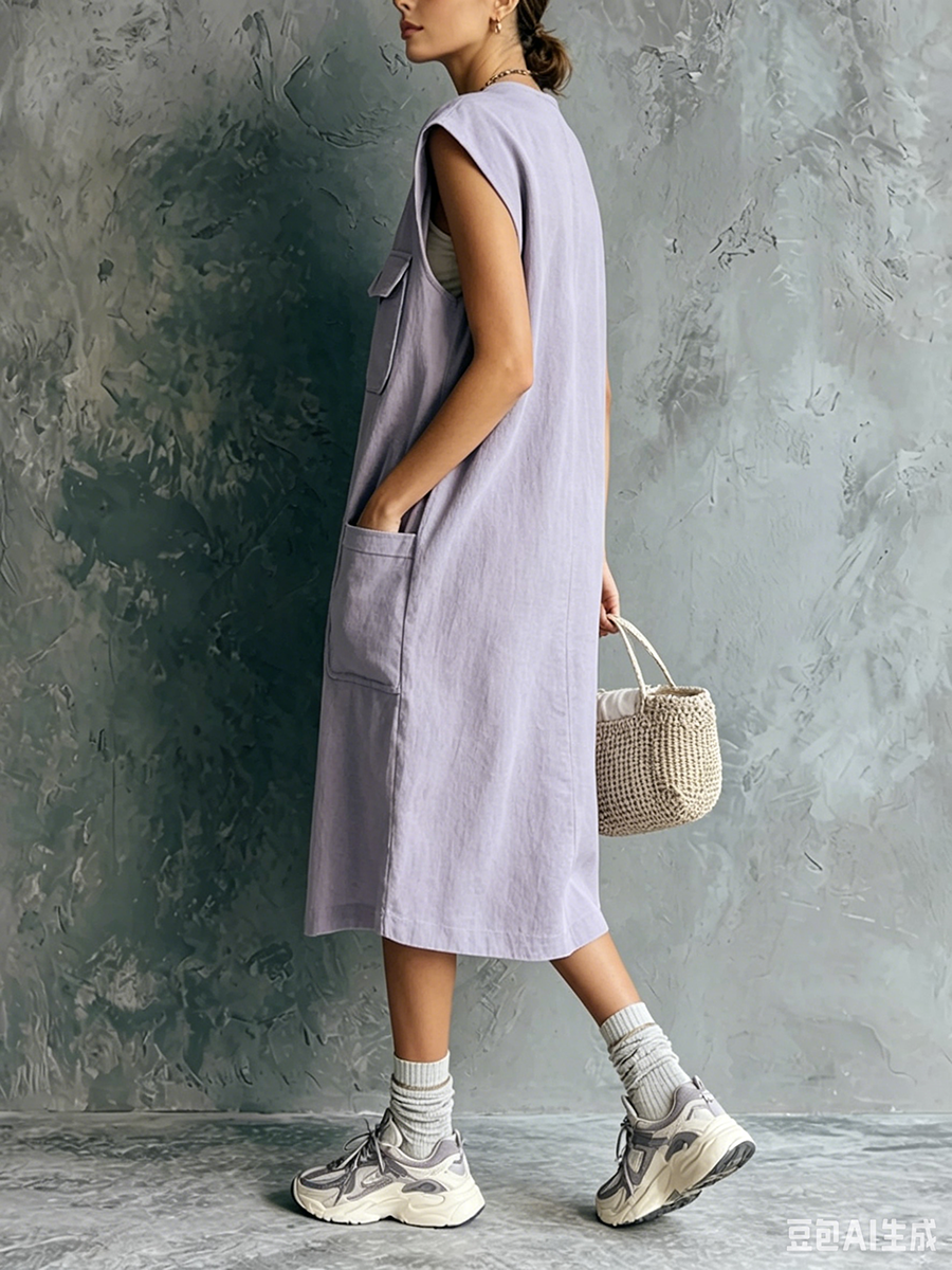 Casual Sleeveless Cotton Dress With Cargo Pockets