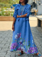 Women's Cotton-linen Set: Solid-color Lapel Long-sleeve Casual Loose Cropped Cardigan & Placement-print Round-neck Sleeveless A-line Dress