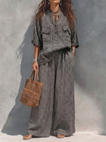 Loose-fit Casual Linen And Cotton Plaid Shirt And Trousers Two-piece Set
