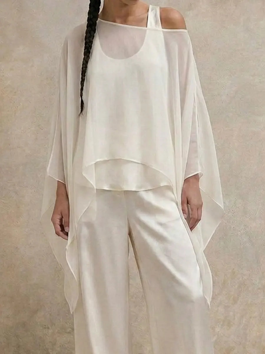 Women‘s Elegant Cutout Shoulder Batwing Sleeve Tunic & Spaghetti Strap Tank Top Two-Piece Set