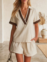 Women's Striped Art Stylish Casual Short Sleeve Top And Pants Breathable Cotton Linen Two-piece Set