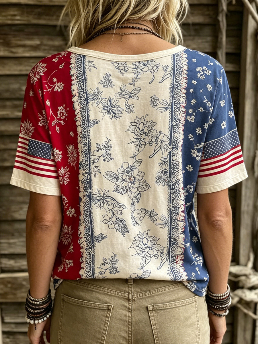 Women's Retro Floral Flag Art Print Casual Short Sleeve Cotton Linen Shirt