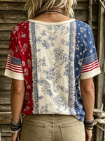 Women's Retro Floral Flag Art Print Casual Short Sleeve Cotton Linen Shirt