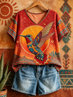 Retro Boho Hummingbird Print V-neck Cotton Top