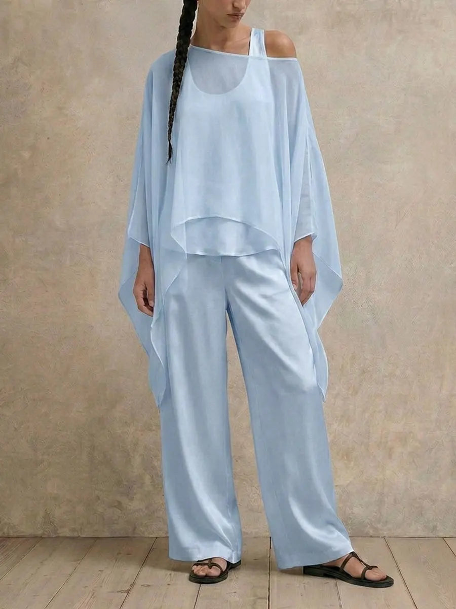 Women‘s Elegant Cutout Shoulder Batwing Sleeve Tunic & Spaghetti Strap Tank Top Two-Piece Set