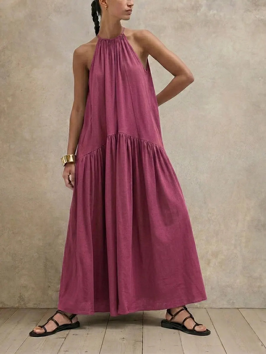Summer Relaxed Fit HalterMaxi Dress, Oversized Linen Blend Sleeveless Swing Long Dress for Vacation Daily Wear
