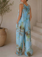 Women's Vintage Print V-neck Sleeveless Casual Loose Cotton-linen Wide-leg Jumpsuit