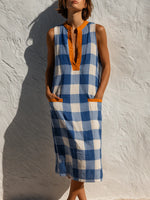 Casual Sleeveless Plaid Linen And Cotton Dress