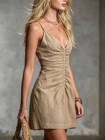 Women's Casual Sleeveless V-neck Drawstring Mini Dress
